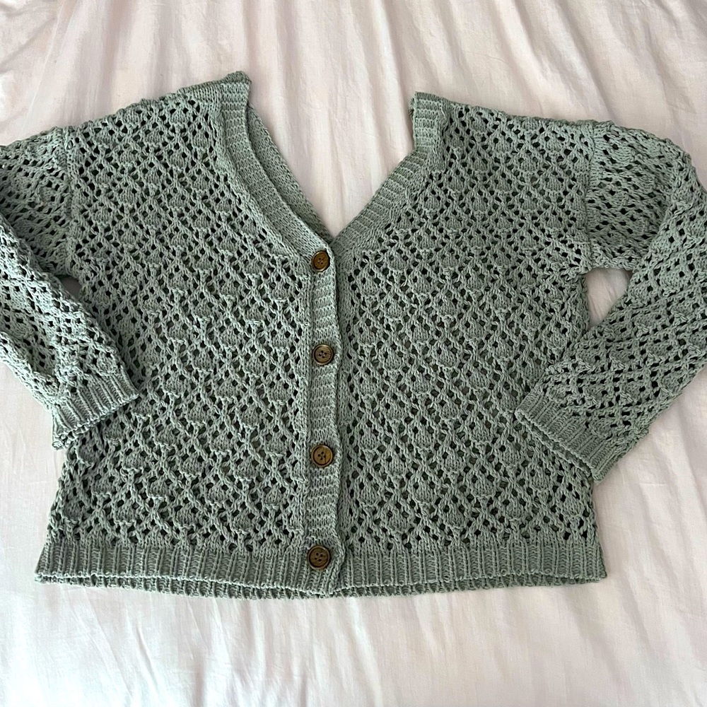 NICOLE MILLER ARTELIER Green crochet cropped boxy off-the-shoulder cardigan